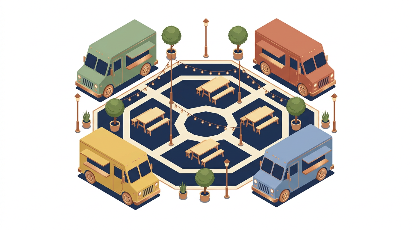 Isometric illustration of a food truck park with four food trucks arranged around a central plaza